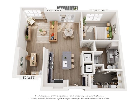 A 3D floor plan of a two-bedroom apartment with a living room, kitchen, and bathroom.